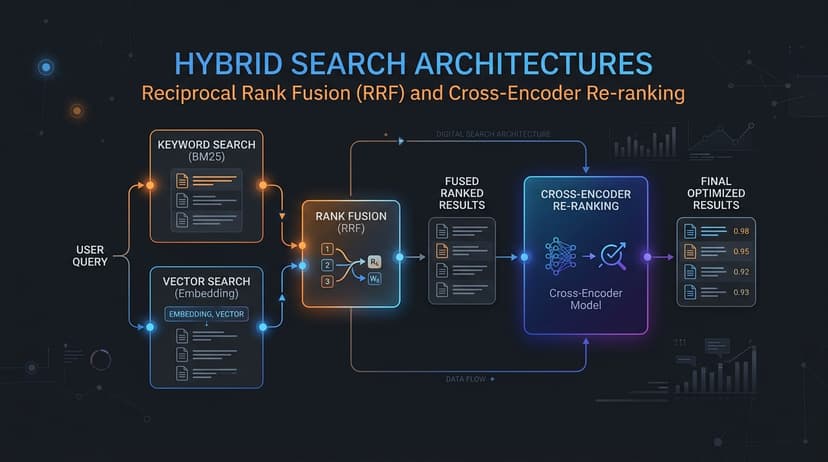 Hybrid Search Architectures: Reciprocal Rank Fusion (RRF) and Cross-Encoder Re-ranking